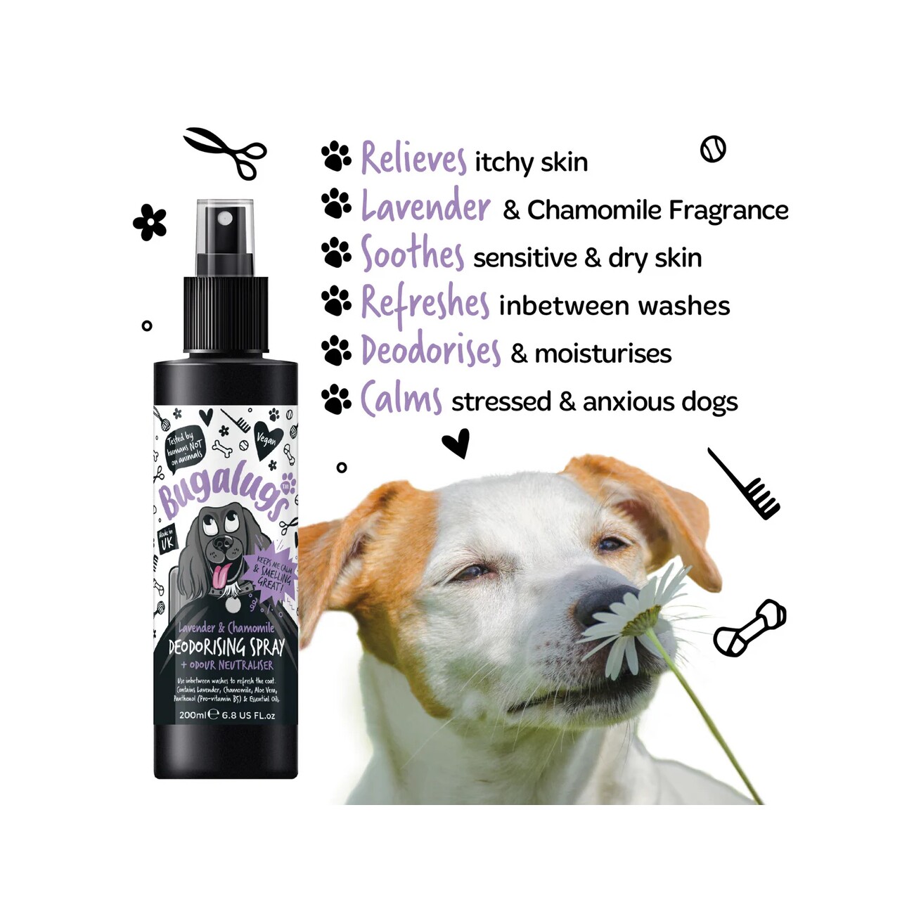 Bugalugs Lavendel & Kamille Hundedeodorant Beruhigender Duft mit Aloe Vera & Pro-Vitamin B5 Vegan & pH-neutral