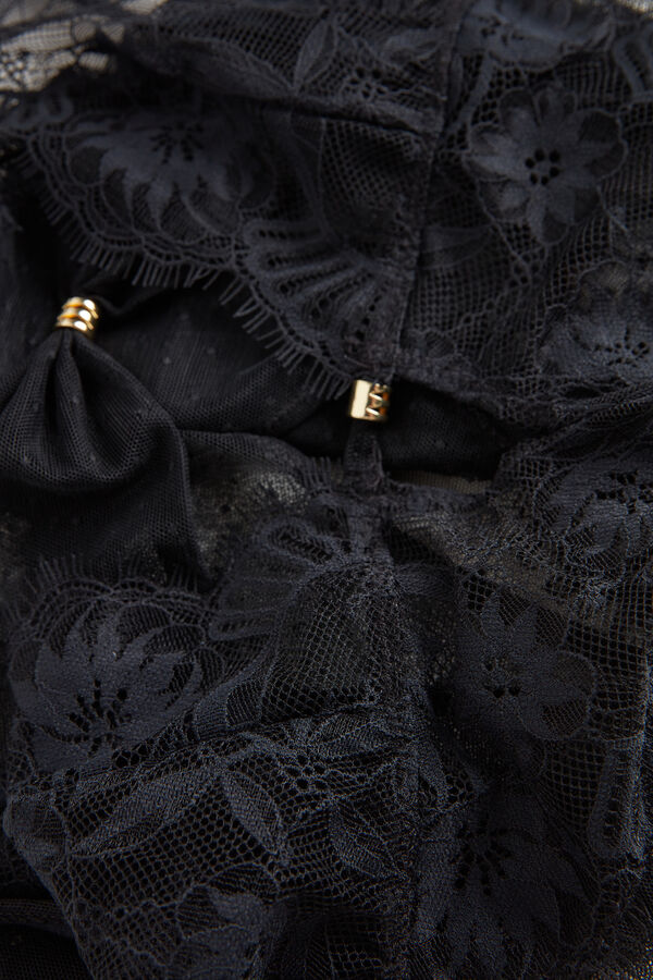 Body sensual de tule e renda com estampa floral