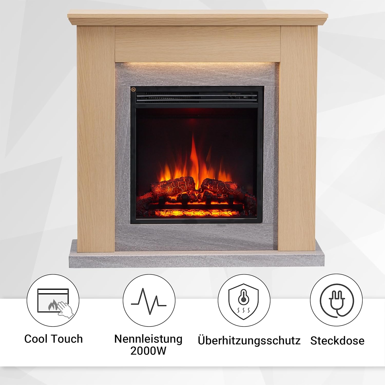 BALDERIA Pandora Elektrokamin - Elektrischer Standkamin mit Heizung 1000/2000 W, realistischer 3D-Flammeneffekt, LED-Beleuchtung, Fernbedienung programmierbar, Timer, Thermostat - Hellbraun