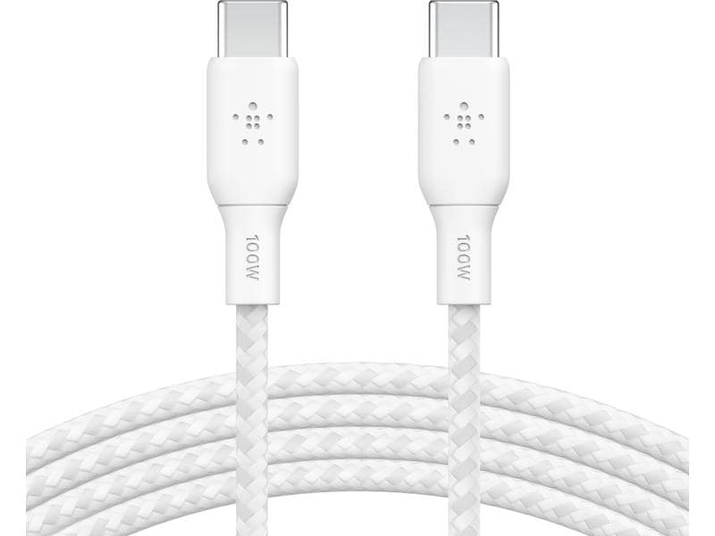 Belkin USB-Kabel Boost Charge 100 W USB C - USB C 2 m Weiss Verbindungskabel mit geflochtener Nylonummantelung von USB-C zu USB-C