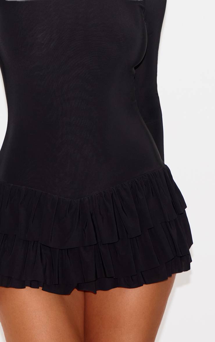 Noir Combi-short Jupe Volantée À Manches Longues En Tissu Slinky Double Épaisseur