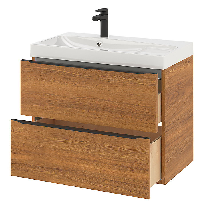 Ensemble salle de bains l.80 cm meuble à suspendre Imandra décor noyer + plan vasque résine blanc