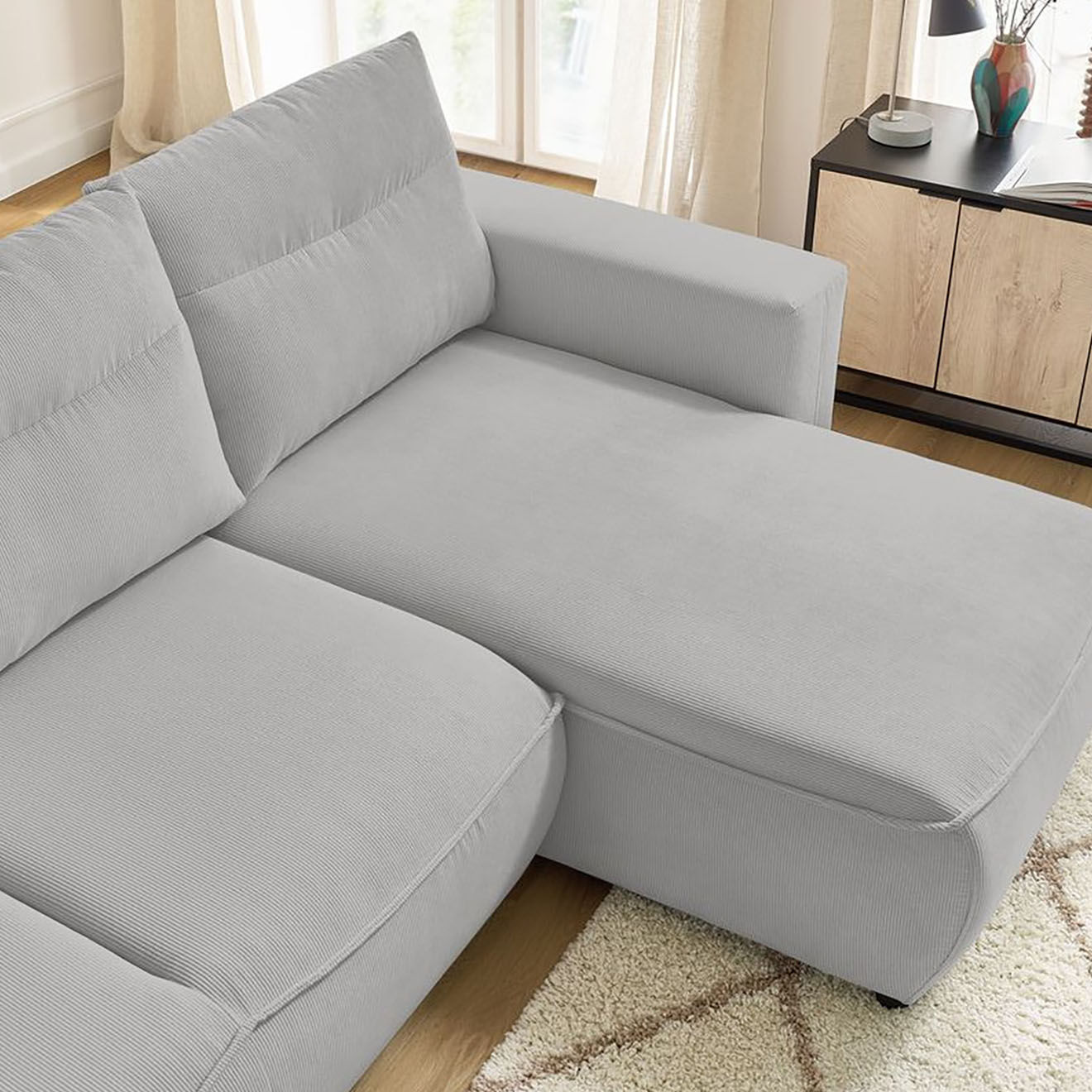 Bobochic Canapé d'angle droit convertible coffre jasmin velours côtelé gris clair - 256x158x90 cm