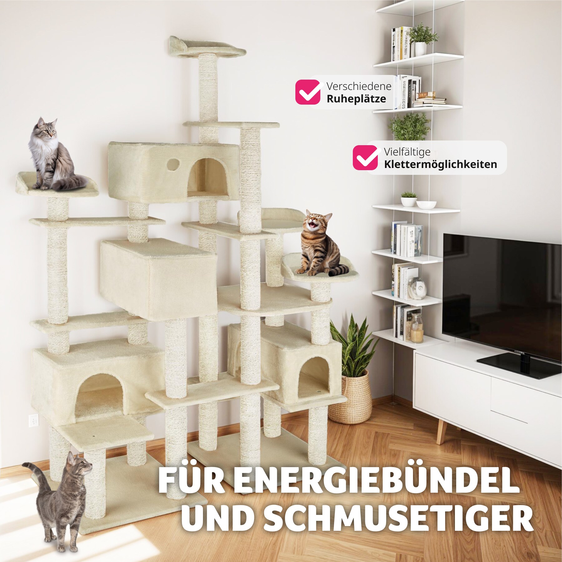 tectake® Kratzbaum, 214 cm, mit 4 Katzenhäusern, inklusive Kippschutz