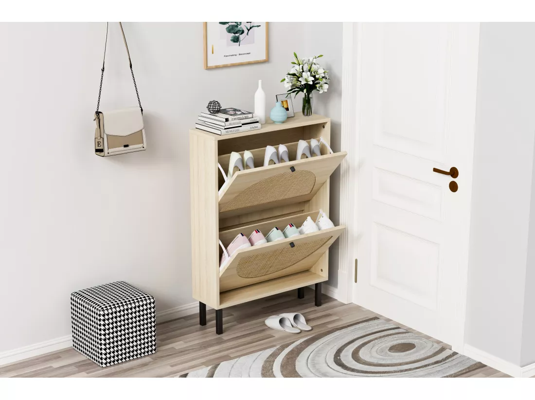 Meuble à Chaussures en Rattan Naturel, 2 Portes, Design Symétrique en Demi-Cercle, Étagères à Double Niveau, Stable et Sécurisé pour Toutes Pièces