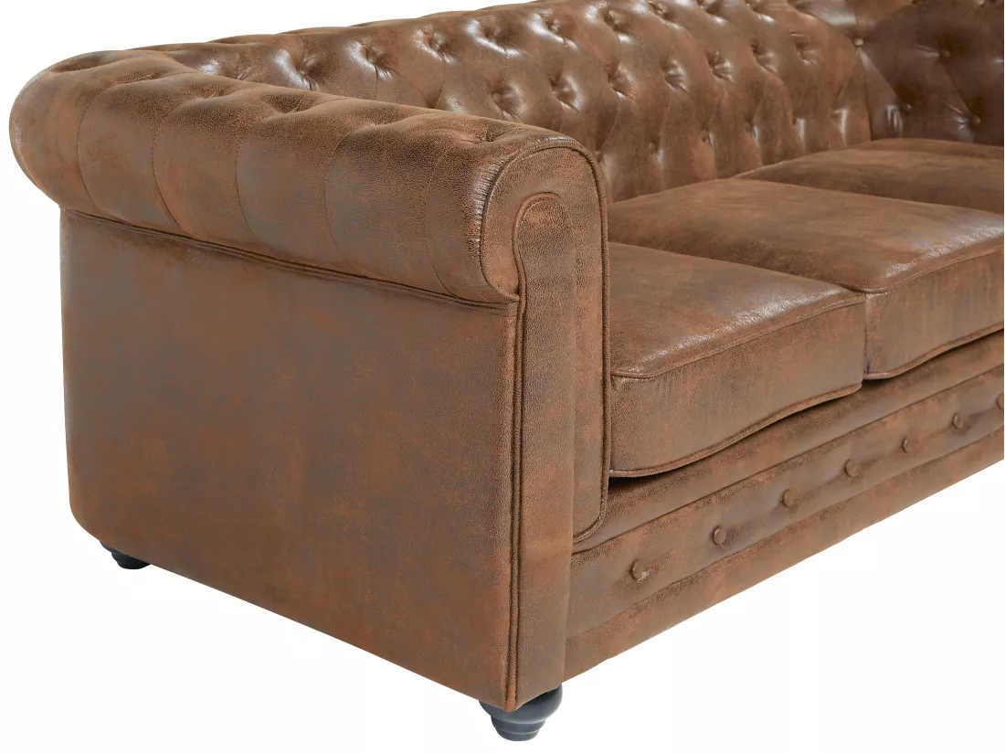 Canapé 3 places CHESTERFIELD en microfibre aspect cuir vieilli