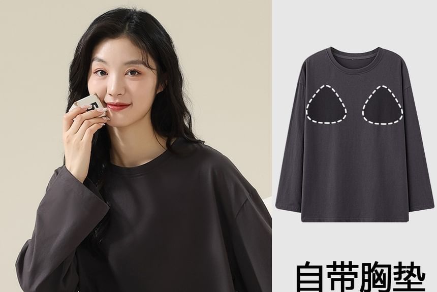Jeony - Loungewearset: effen gewatteerd T-shirt met lange mouwen en geruite broek