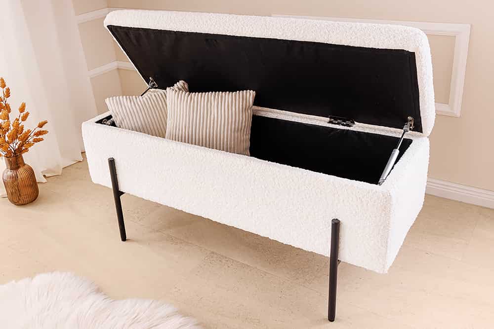 Moderne Truhenbank LOFT 100cm weiß Bouclé Sitzbank mit Stauraum gepolstert schwarz Metall