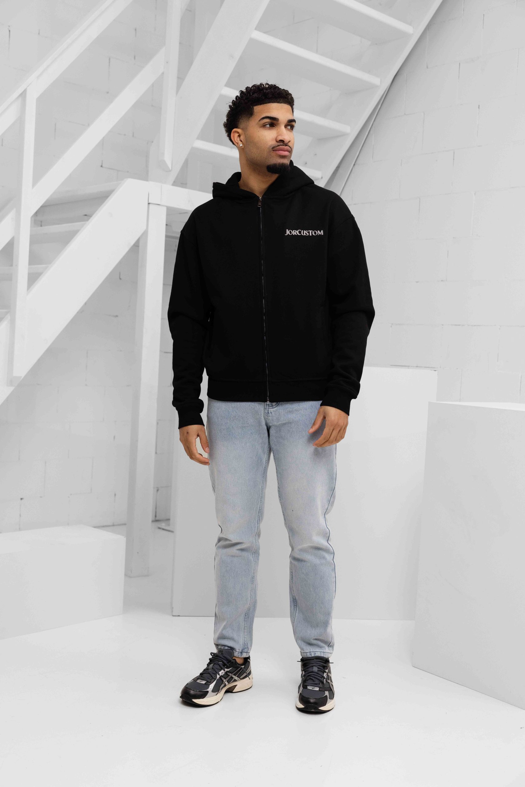 Jorcustom Fleece Ribbon Zipped Hoodie Heren Zwart