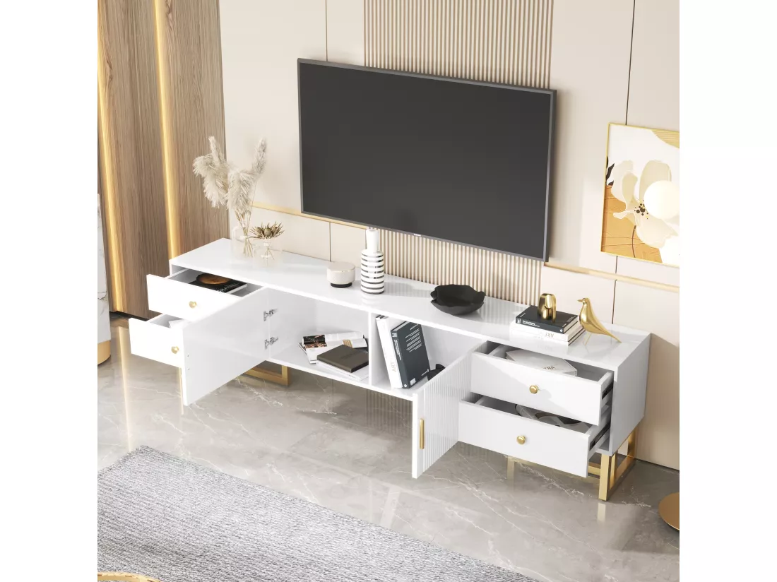 Meuble TV avec 2 portes et 4 tiroirs - 175 x 30 x 46 cm - bois MDF, pièds et poignées en métal doré - blanc