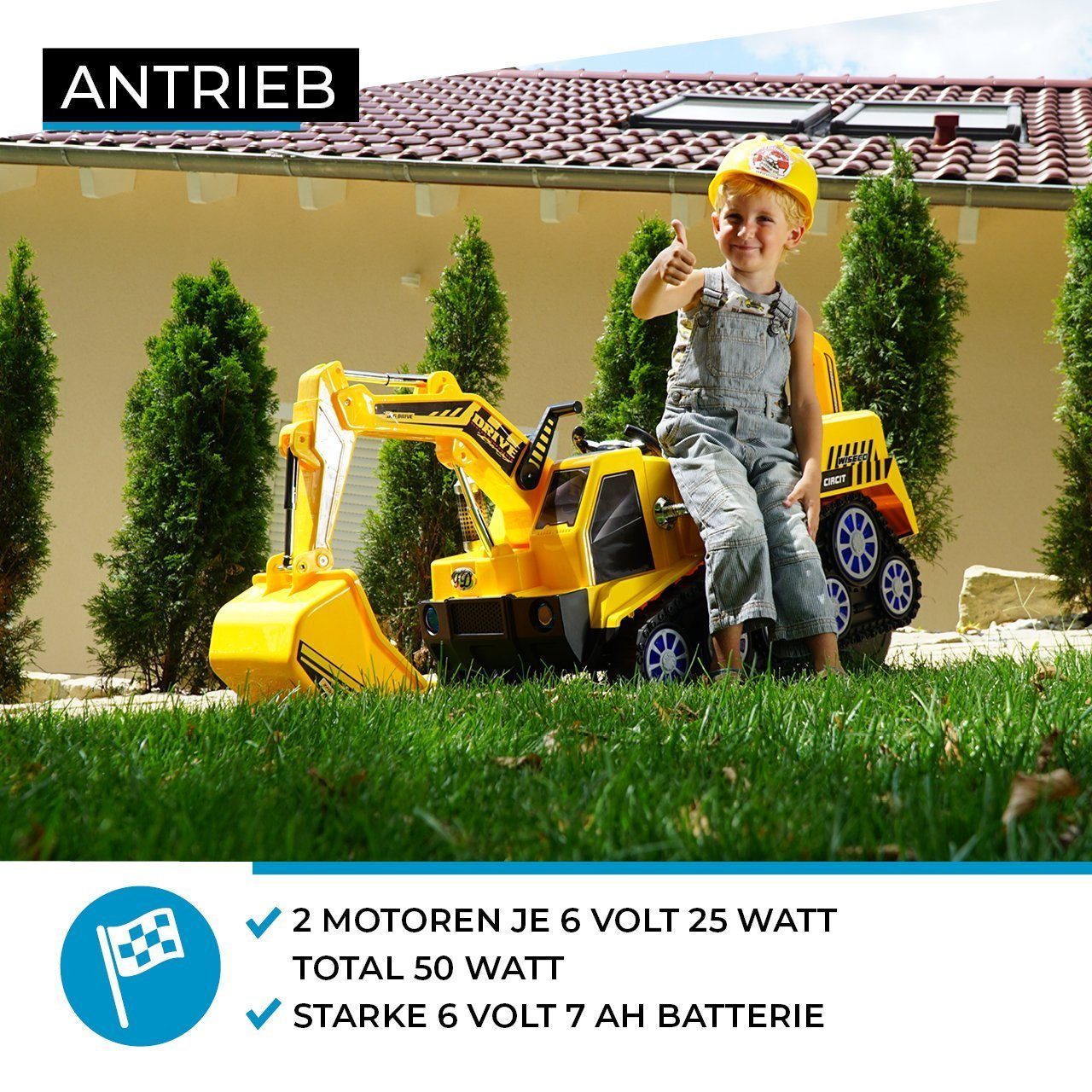 Escavadeira elétrica infantil Actionbikes Motors D2811 - inclui controle remoto e freio automático, capacidade de carga de 30 kg (3 peças), brinquedo elétrico infantil a partir de 3 anos - módulo de som - LED