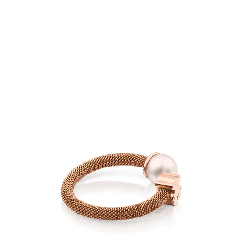 Anel de aço com banho de ouro rosa 18k sobre prata e pérola cultivada com motivo de urso. Icon Mesh.