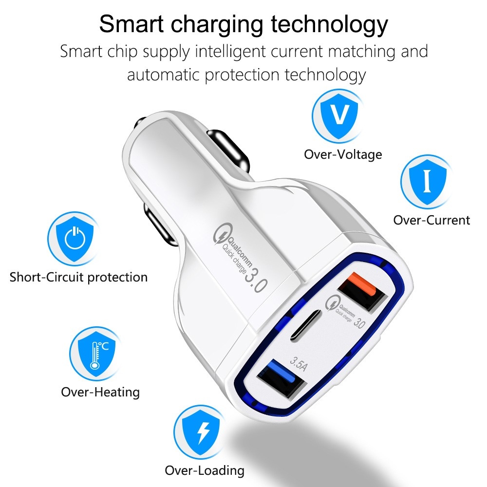 Mini Dual USB   USB C Fast Charging Auto KFZ Ladegerät mit QC 3.0 (35W) - Weiss