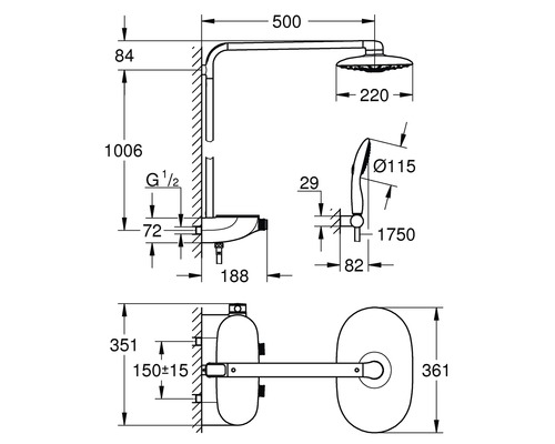 Douchekolom inclusief thermostaat GROHE Rainshower System SmartControl Duo 360 maanwit 26250LS0