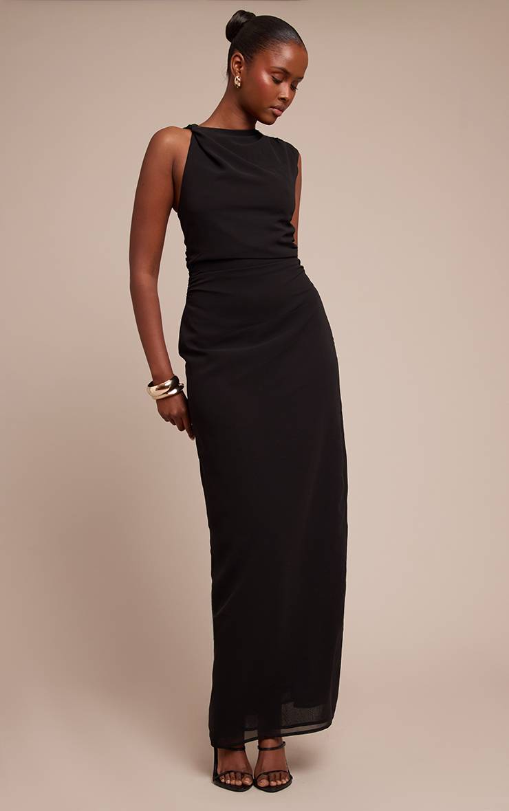 Noir Robe Longue En Mousseline Froncée