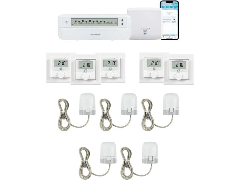 Homematic IP Fussboden 5 x Wandthermo und 5 x Stellantrieb 5 Räume Fussboden Kit
