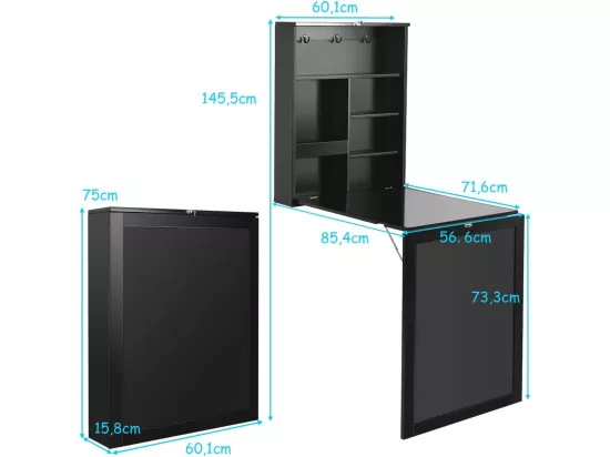 table murale rabattable bureau avec tableau noir, etagère intégrée 75 x 15,8 x 60,1cm