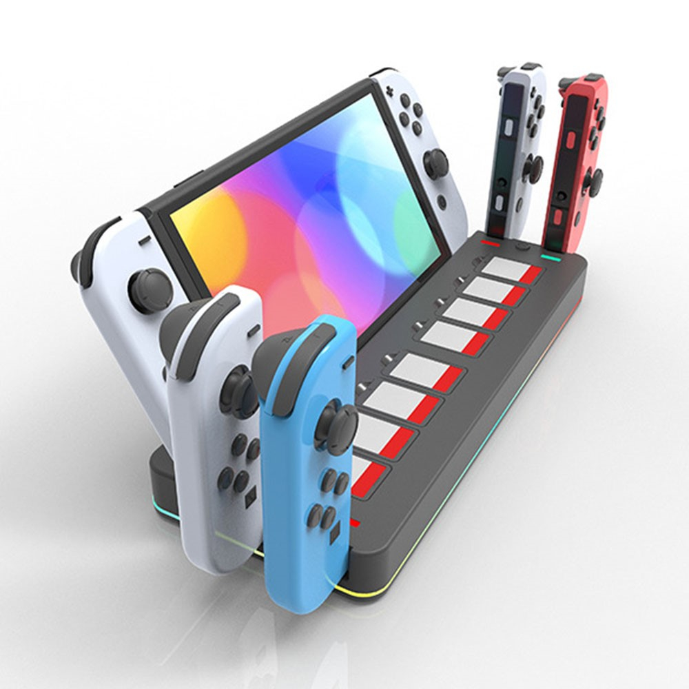RGB Ladegerät Dockingstation Charging Dock für Nintendo Switch / OLED   4x Joy-Cons mit Spiele Halterung und HDMI / USB C / USB A Anschluss - Schwarz