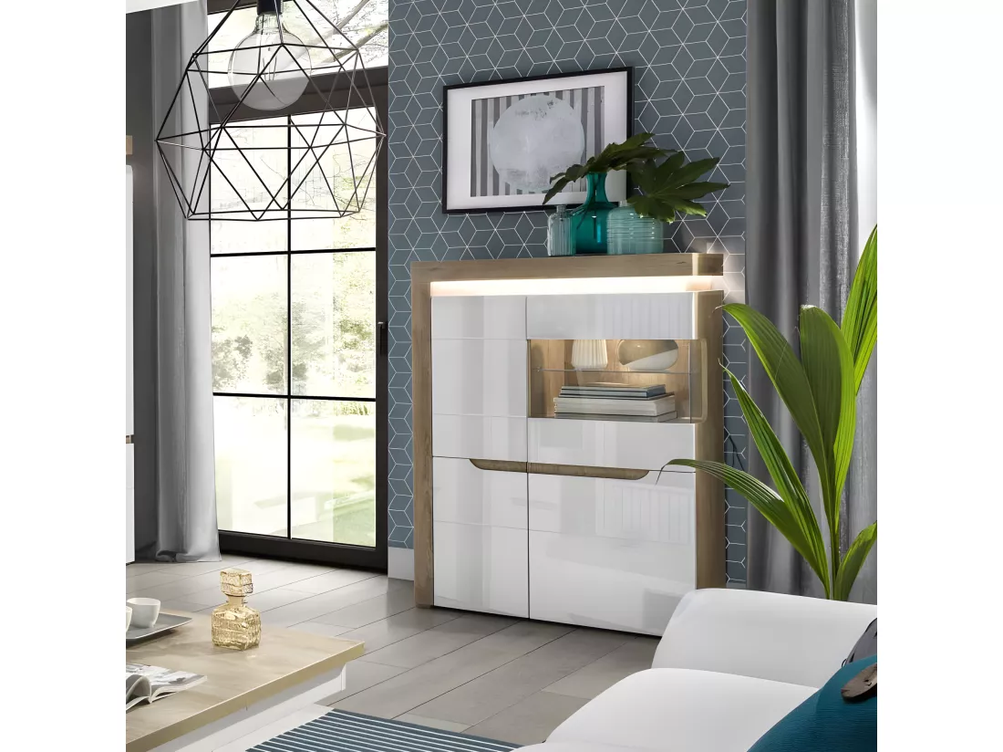 Vaisselier 4 portes Blanc/Chêne à LED - KIELE - L 100 x l 39 x H 134.5 cm