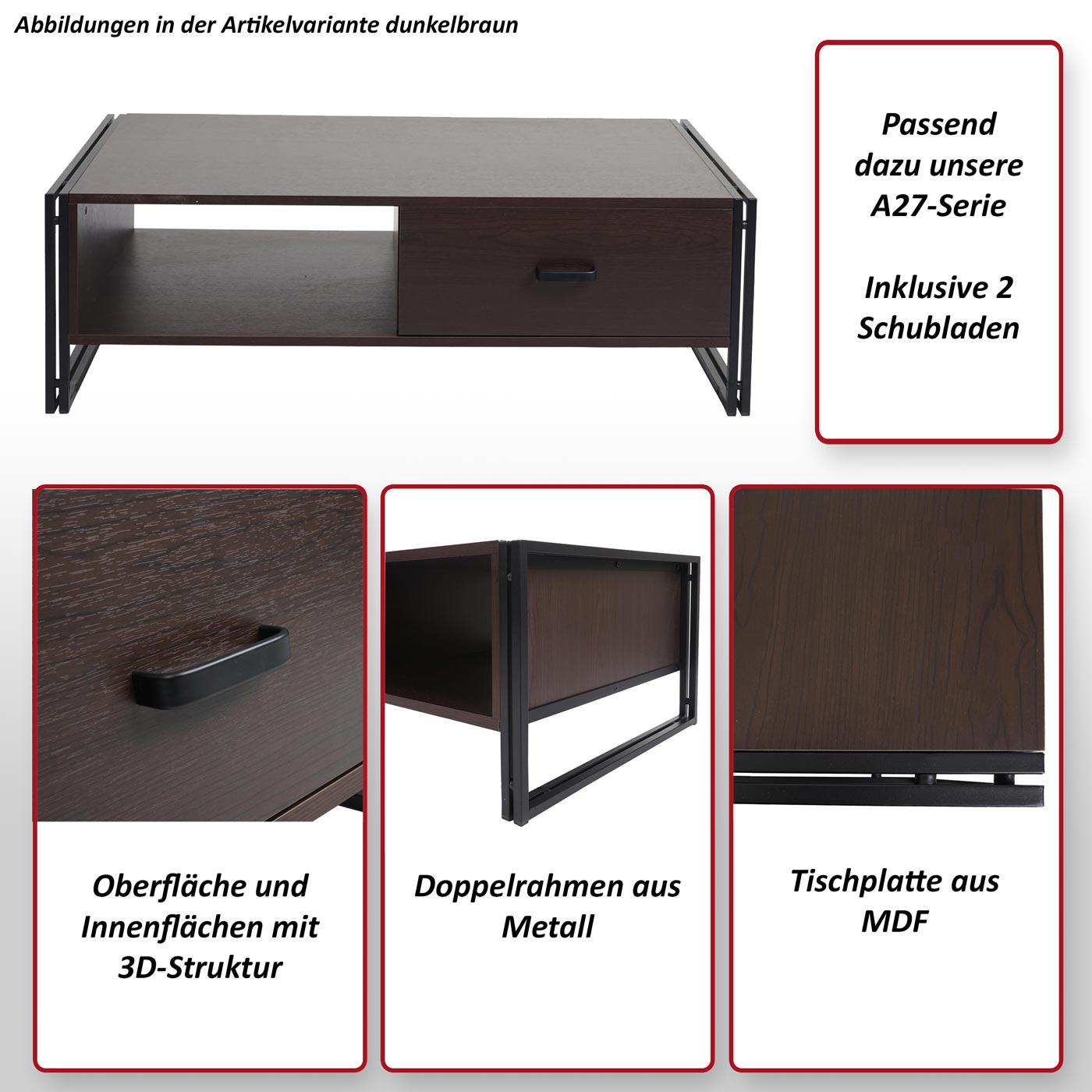 Couchtisch MCW-A27, Beistelltisch Wohnzimmertisch, 41x120x60cm 3D-Struktur, Metall MDF ~ Wildeiche-Optik