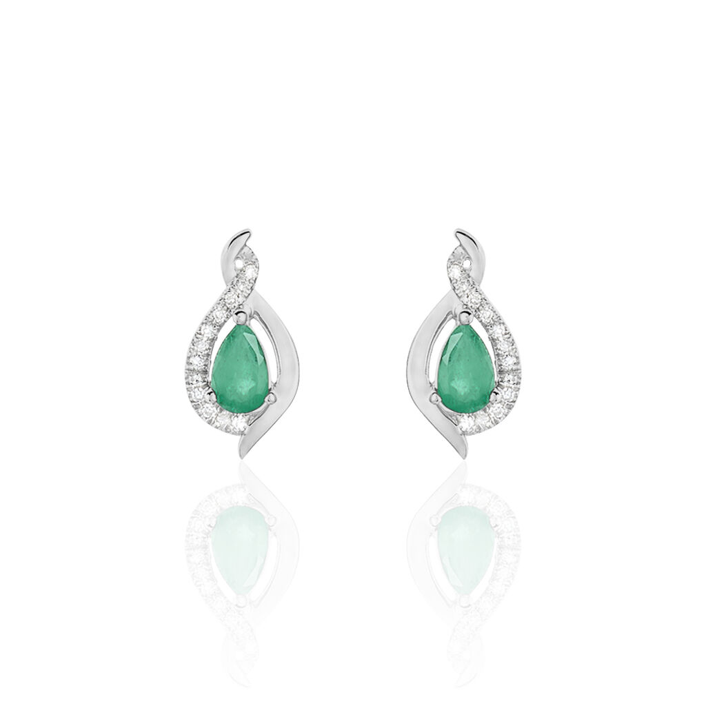 Boucles D'oreilles Puces Angelika Or Blanc Emeraude Et Diamant