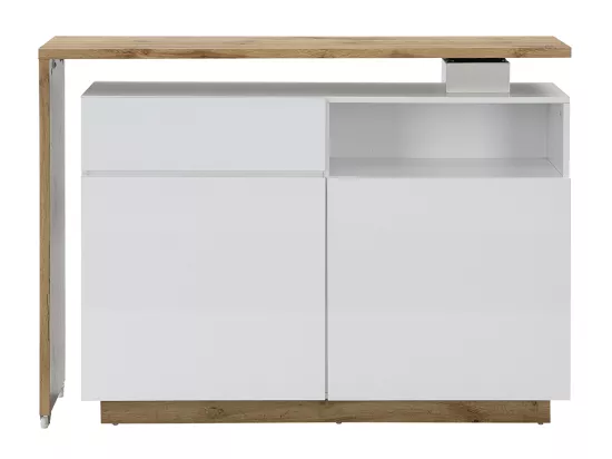 Meuble de bar pivotant avec 2 portes, 1 tiroir et 1 niche en MDF - Blanc laqué et Naturel - ELDIR