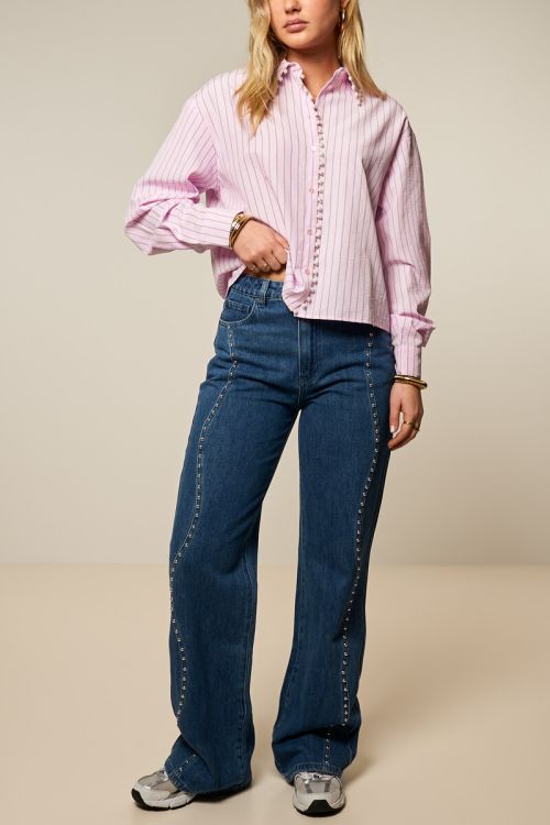 Donkerblauwe wide leg jeans met wavy studs
