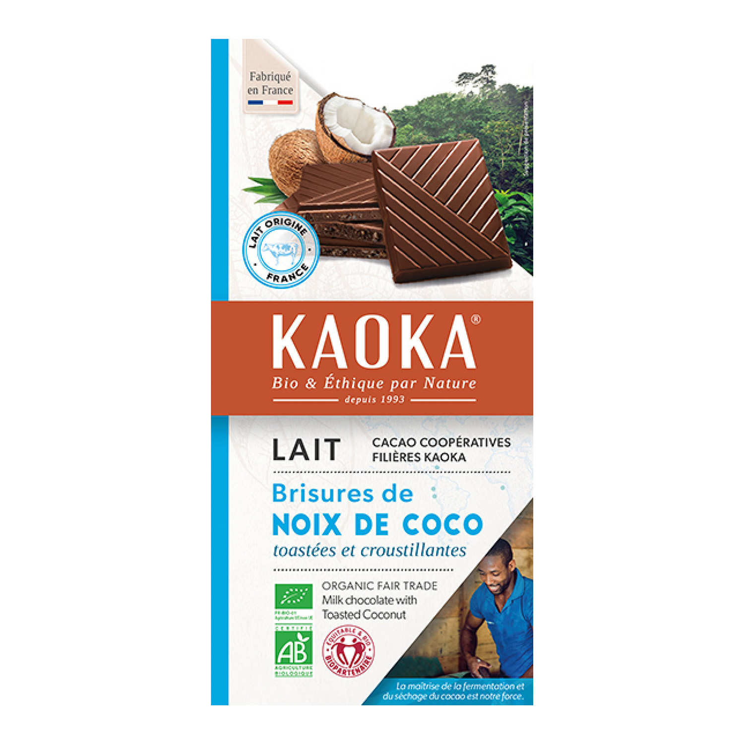 Tablette de chocolat au lait 38%, brisures de noix de coco bio