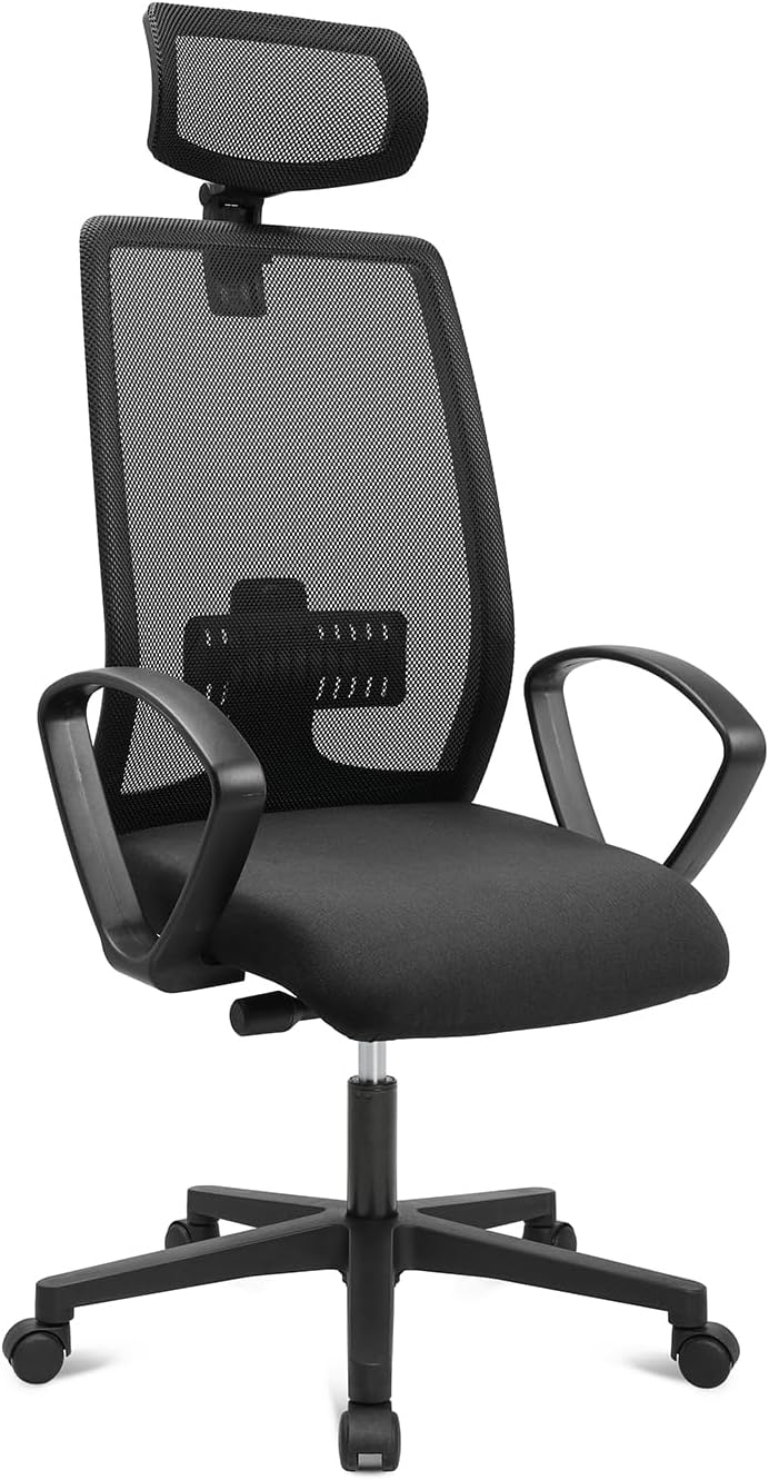 Living Chairs Basic 20 – Bürostuhl mit Air+ Luftkissen-Technologie, ergonomisch und preiswert, Synchronmechanik, Netzrücken, Made in Germany, Top Preis-Leistung (schwarz + Armlehnen + Kopfstütze)