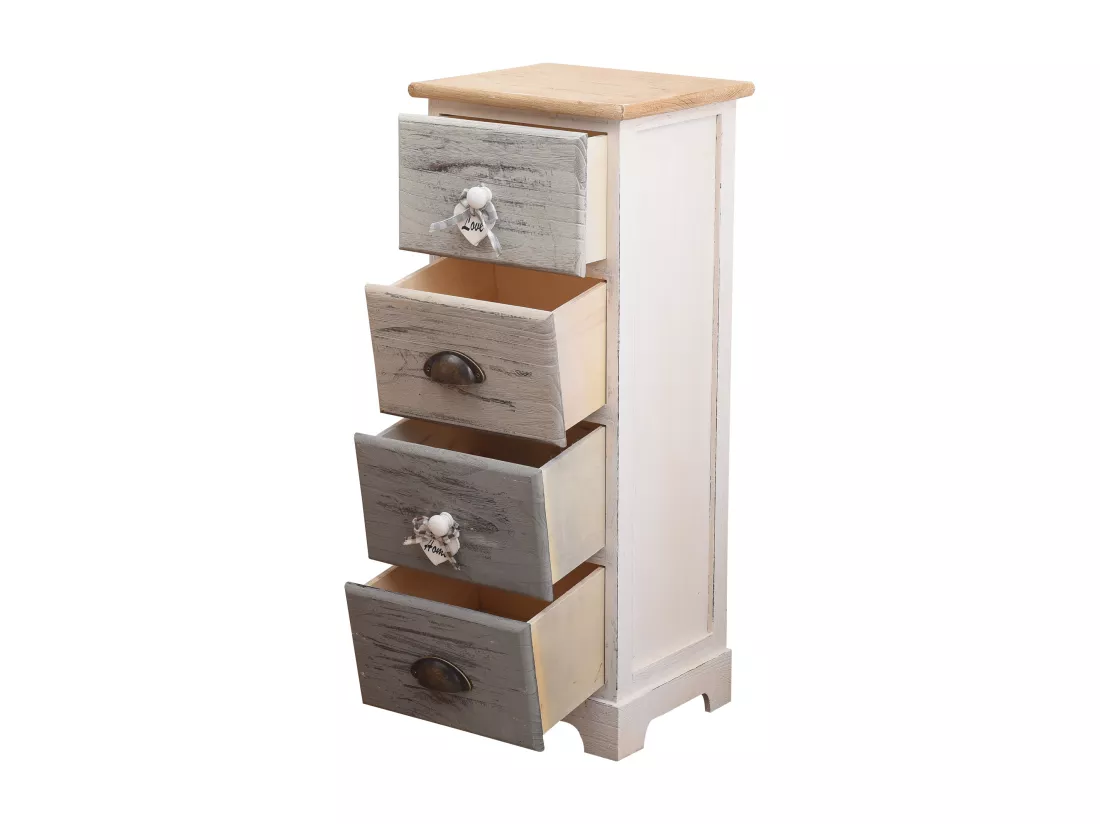 Chiffonnier Chevet 4 Tiroirs Bois Blanc Gris Shabby 72x29x25