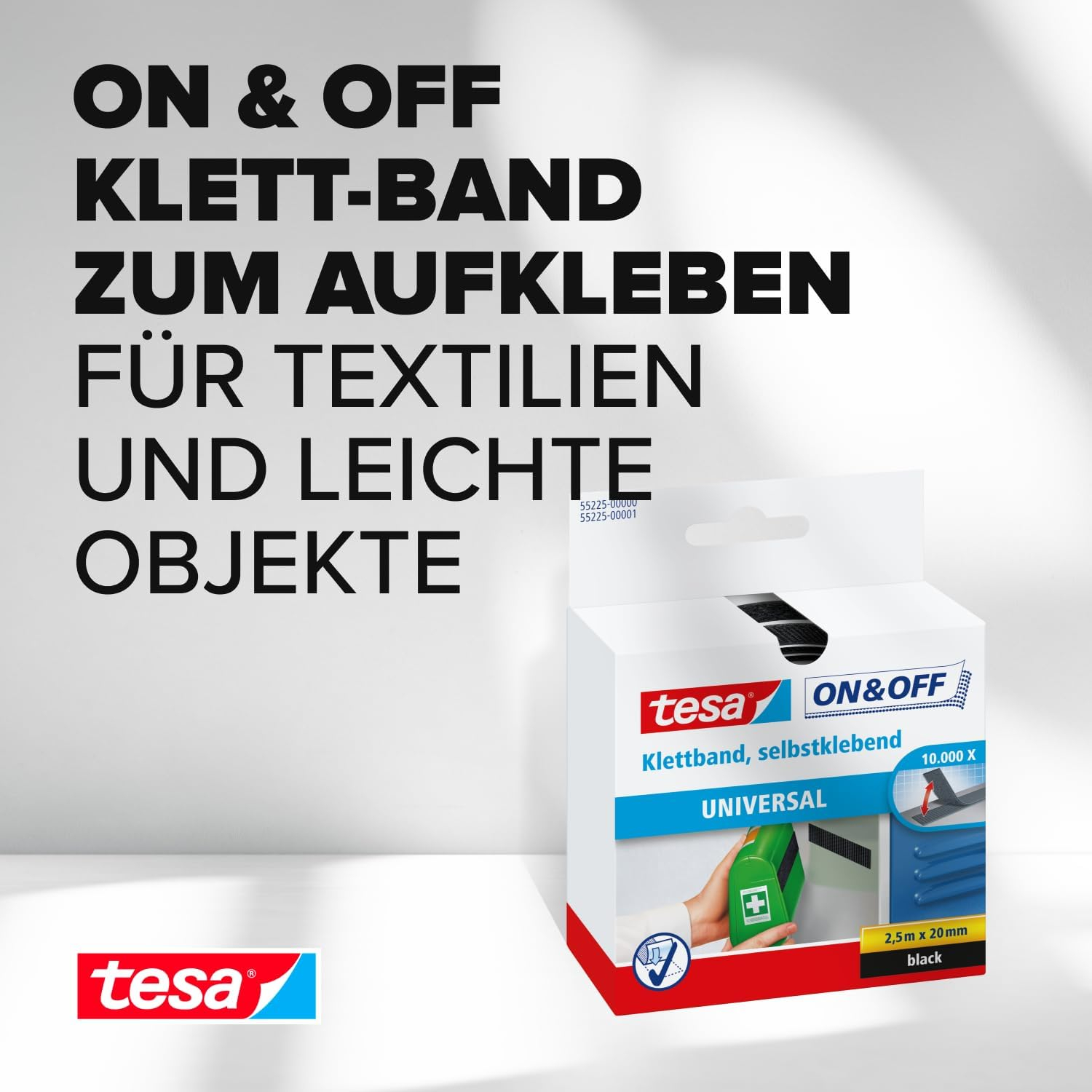 (20mmx250cm) On&Off Universal Klettband Selbstklebende Klettklebeband Streifen (55225-00002-02) - Schwarz