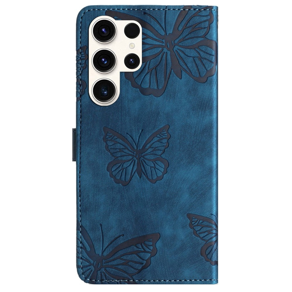 Samsung Galaxy S24 Ultra Leder Tasche Wallet   Trageschlaufe - Butterflies Imprint - Dunkelblau