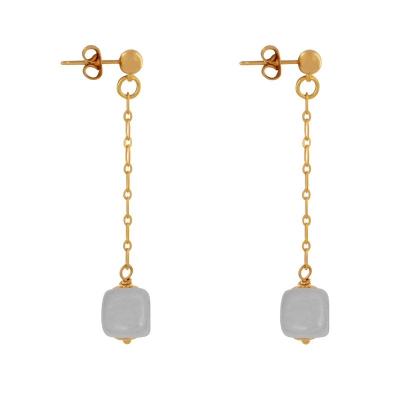 Boucles d'Oreilles Chainette Laiton Doré et Cube en Céramique