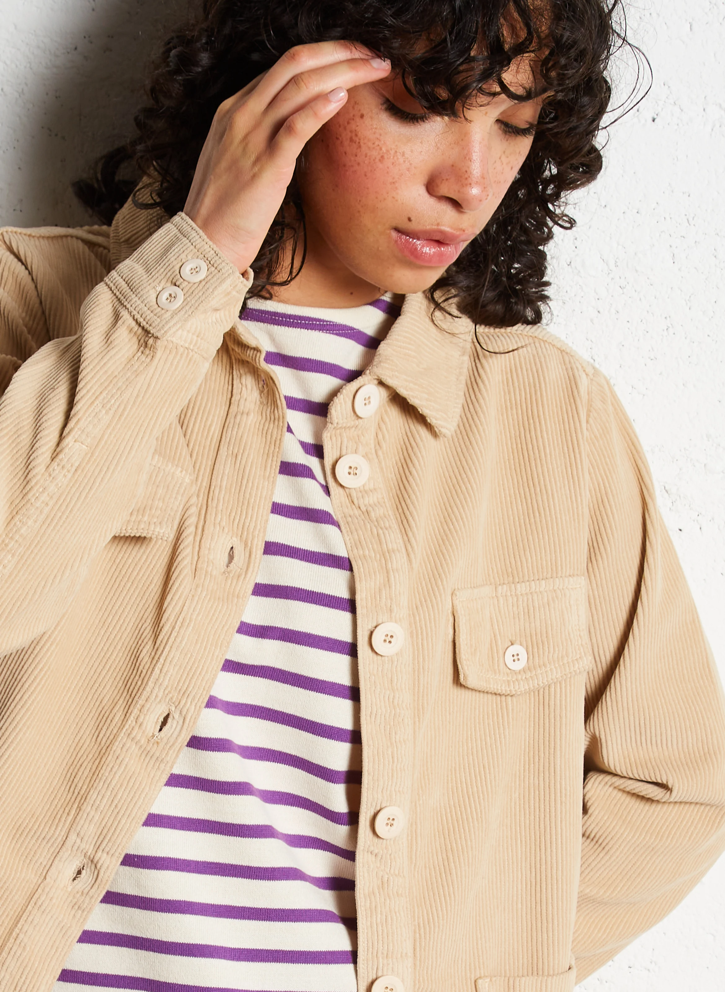 Veste droite col classique en coton | Beige