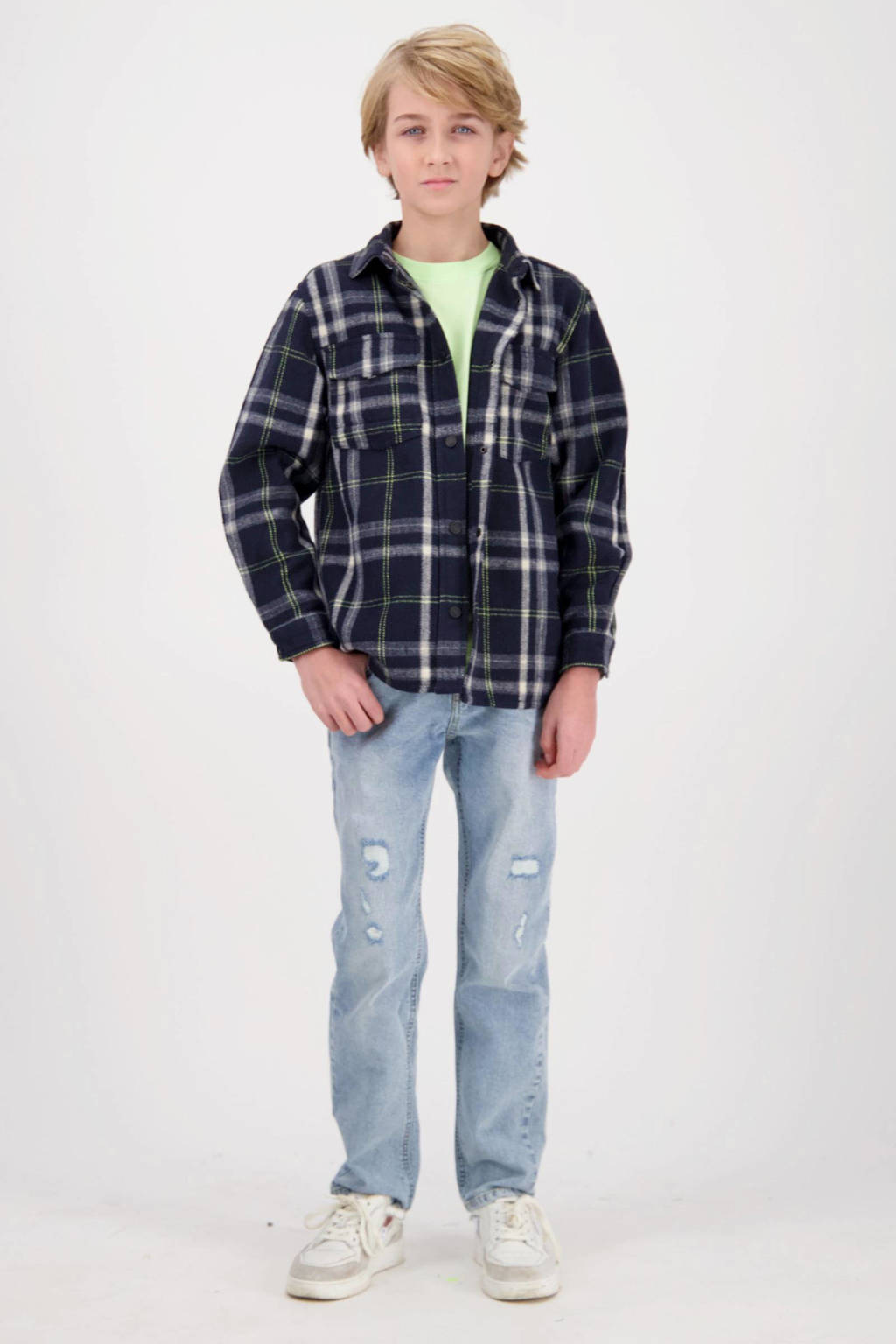 Vingino geruit overshirt Lezar donkerblauw/wit/grijs