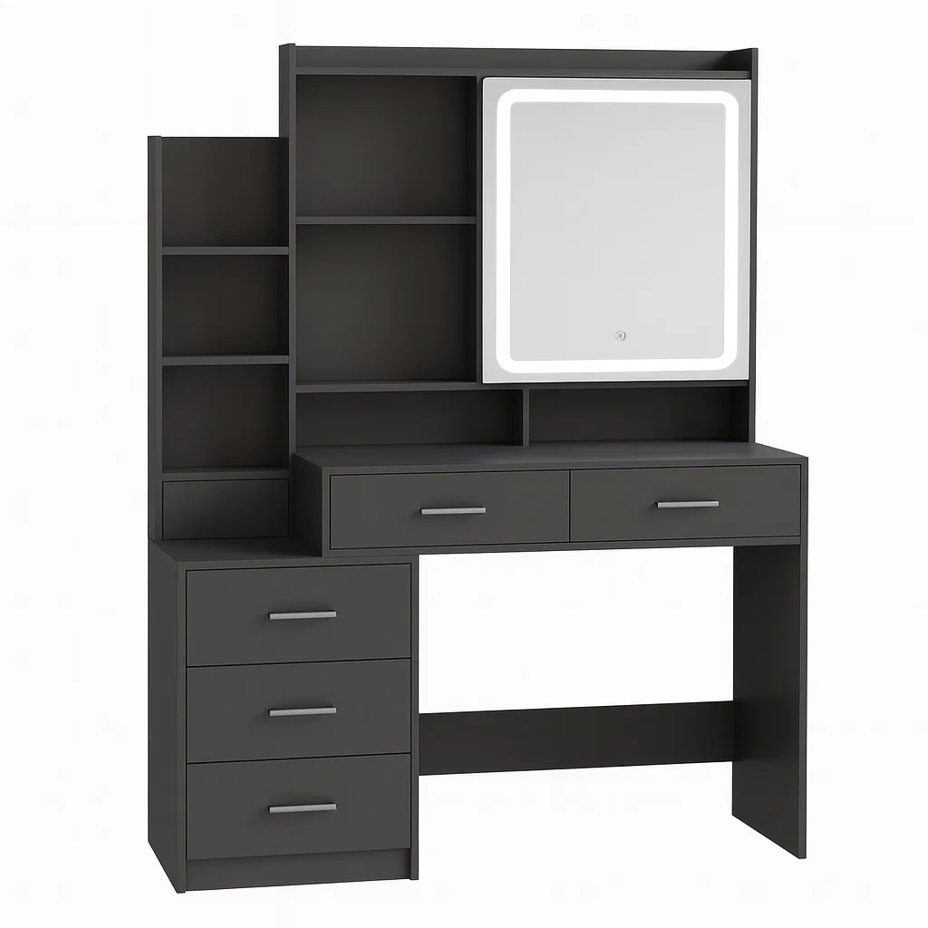 Table de maquillage avec miroir éclairé en panneaux de particules noir