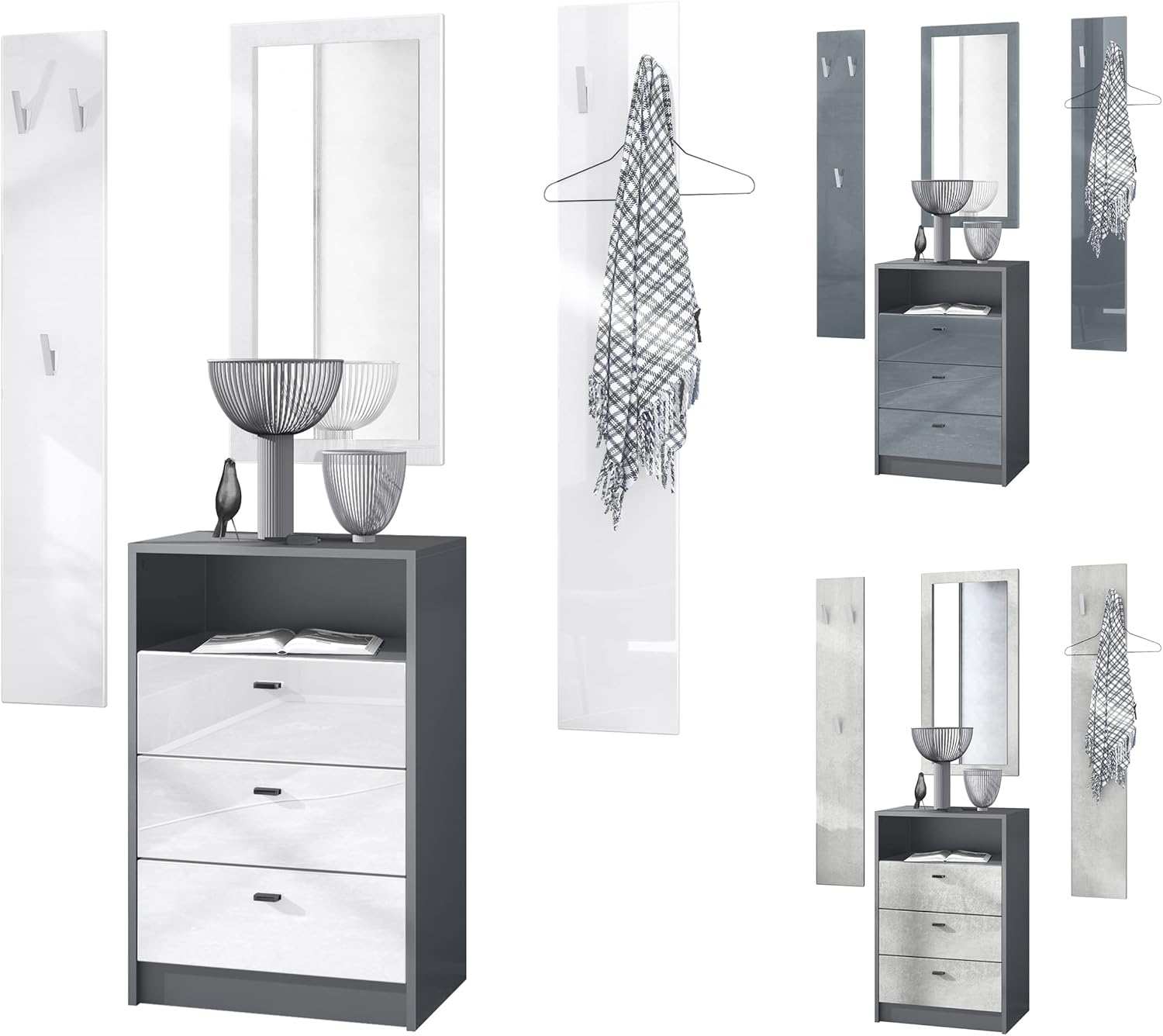 Vladon Garderoben-Set Pino V2, Made in Germany, 2 Wandpaneele 140 cm und Anrichte mit 3 Schubladen & 1 offenem Fach, Anthrazit matt/Weiß Hochglanz (56 x 86,5 x 36 cm)