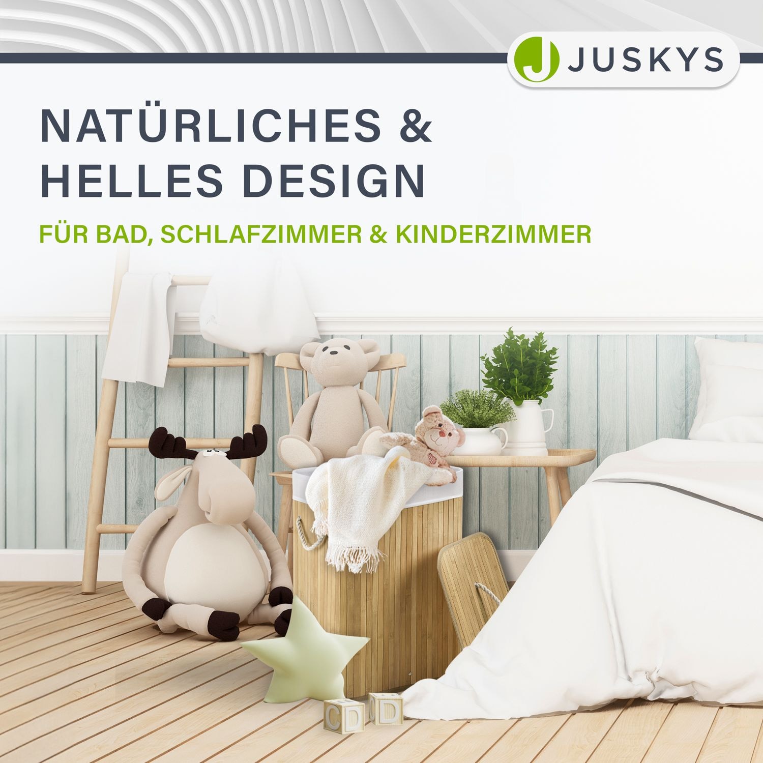 Juskys Bambus Wäschekorb Curly 72 Liter mit Stoff Wäschesack & Tragegriffen | Wäschebox in Natur