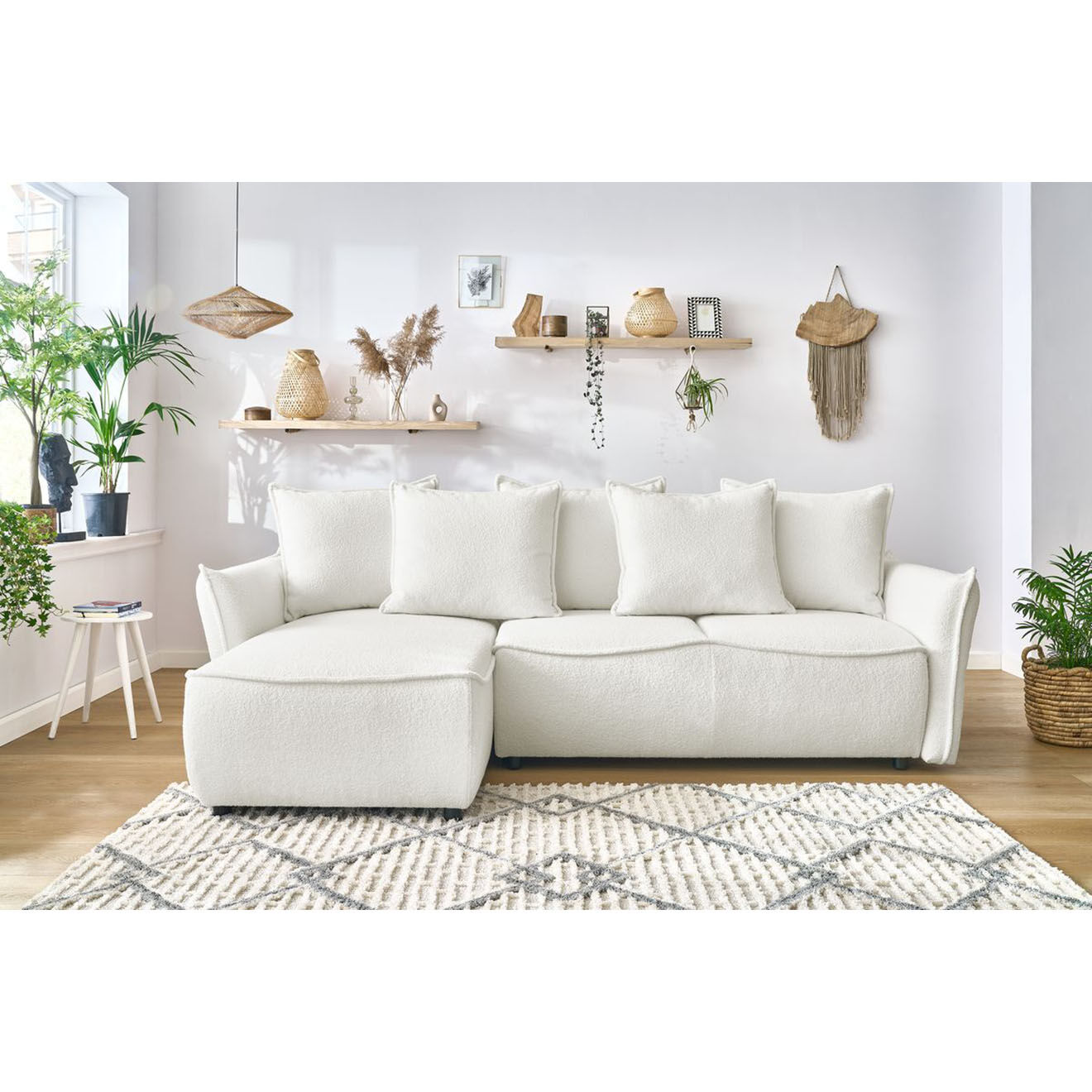 Bobochic Canapé d'angle gauche convertible bouclette Léon blanc - 242x158x90 cm