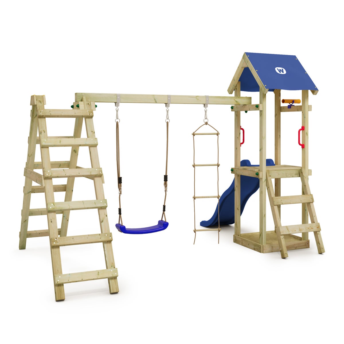 WICKEY TinyLoft Speeltoren Klimrek met Schommel en Glijbaan, Klimtoren met Zandbak, Ladder en Speelaccessoires - Blauw