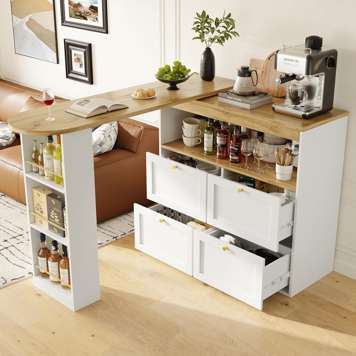 ModernLuxe 360° drehbarer Bartisch mit 4 Schubladen und offenen Ablagen, Stehtisch Kücheninsel mit Stauraum, Sideboard für Wohnzimmer, Esszimmer, Arbeitszimmer – Weiß