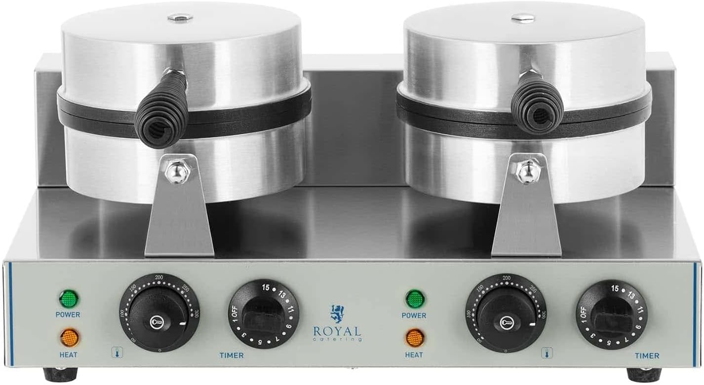 Royal Catering RCWM-2600-R Waffeleisen Waffelgerät Waffelautomat Waffle Maker Belgische Waffel Doppelt Rund (2 x 1.300 Watt, Timer 15 min, Teflon & Aluminium, Edelstahl), Silber