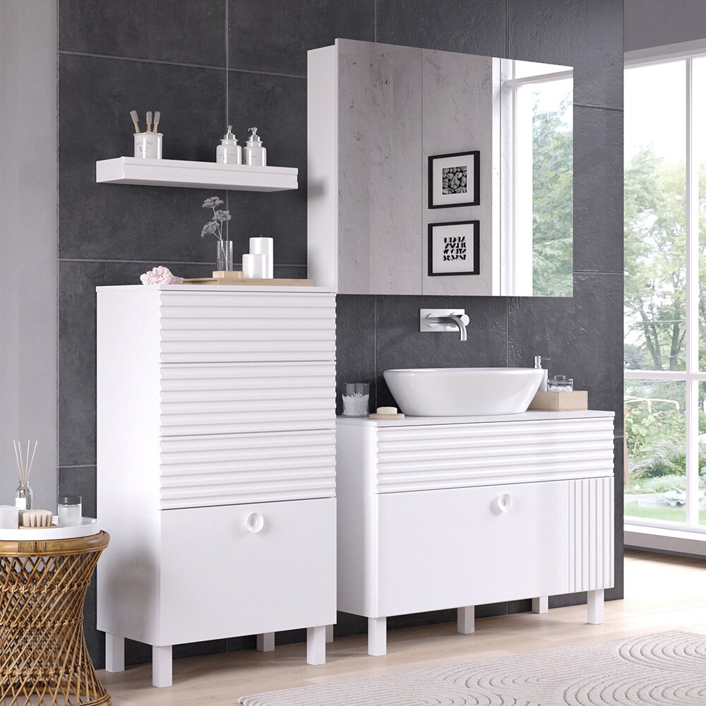 Vicco Badmöbel-Set Sola Weiß matt, moderne Serie, Badezimmer, dekorative Front Waschtischunterschrank Spiegelschrank Midischrank
