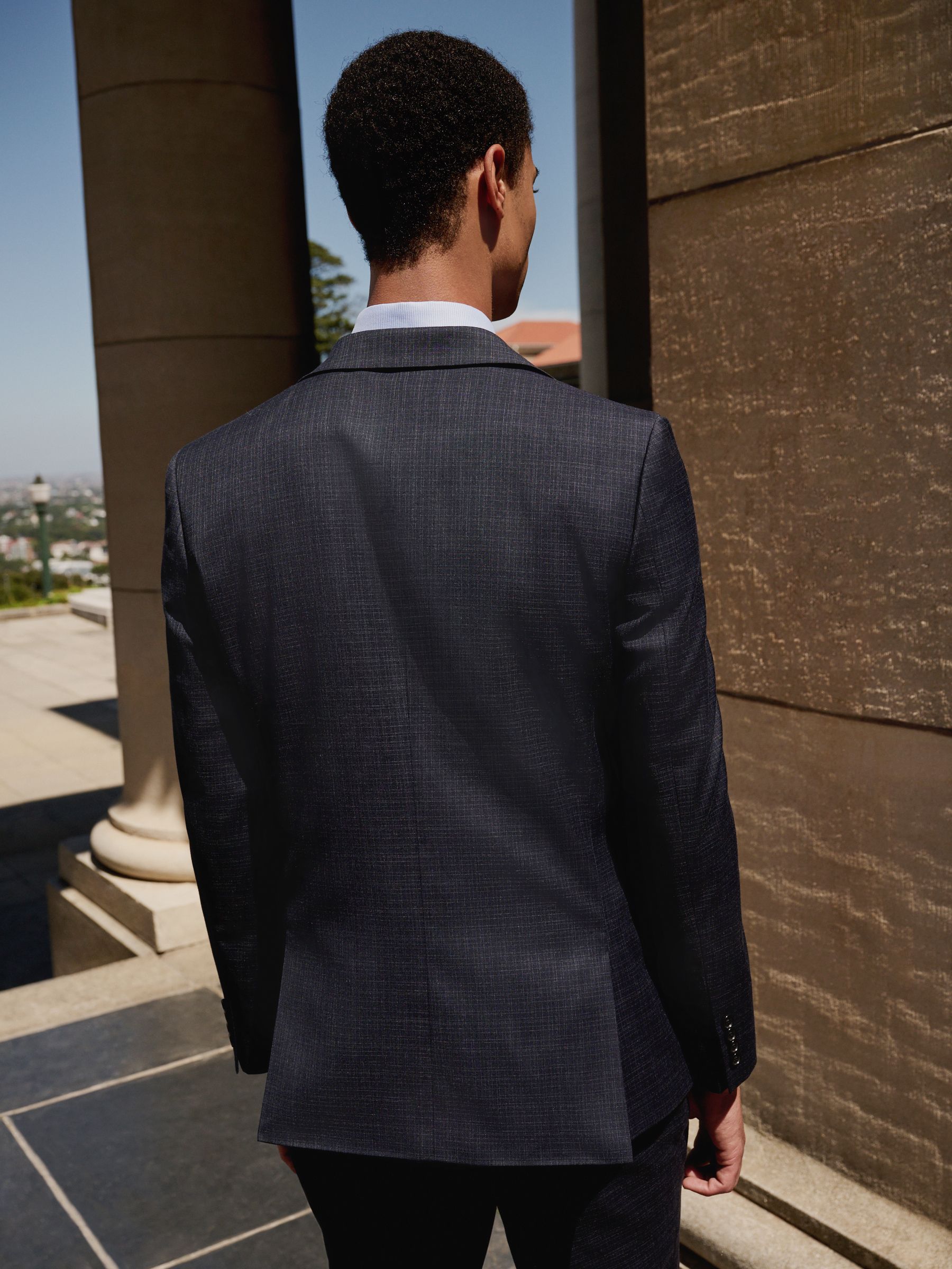 Marineblauw - Skinny Fit Check Texture Suit Jacket