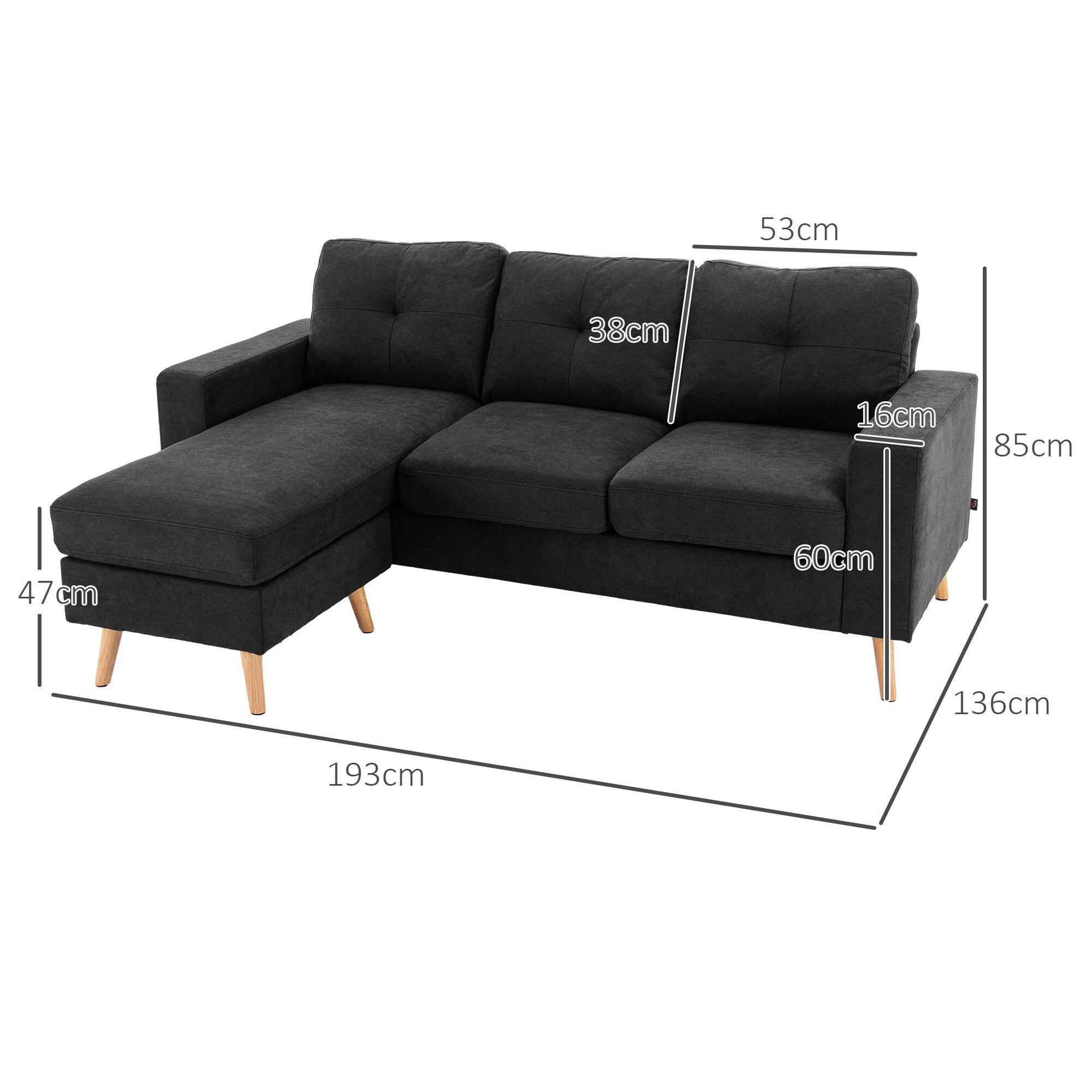 HOMCOM Ecksofa mit abnehmbarem Bezug schwarz 193L x 136B x 85H cm