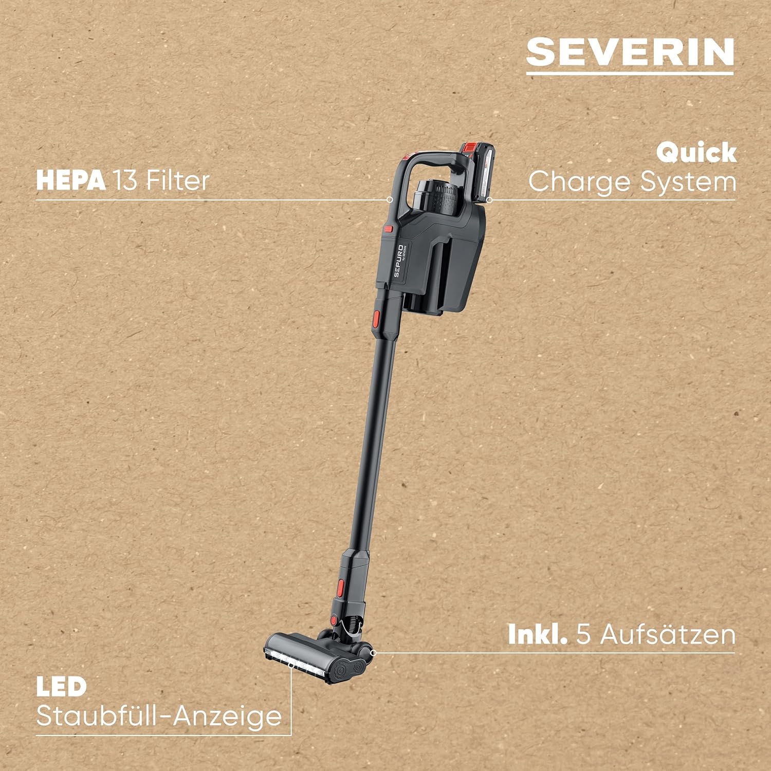 SEVERIN SEPURO Pro Akku Stiel- und Handstaubsauger mit innovativer Staubbeutel-Technologie und Einhell Power Akku, kabelloser Staubsauger, HV 7187