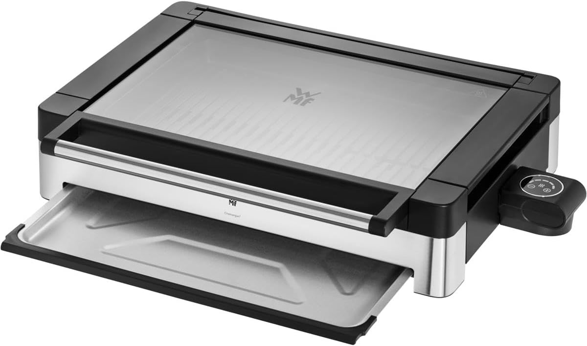 WMF Lono Barbecue électrique de table, en acier inoxydable mat, avec couvercle en verre, 2200 W, plaque de cuisson revêtue