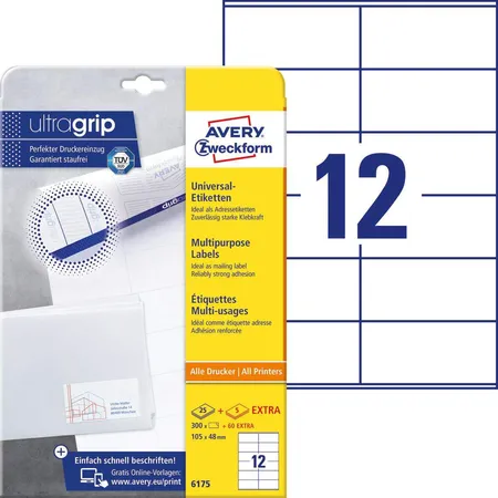 Avery Zweckform 6175 Universal-Etiketten,A4 mit ultragrip,Adressaufkleber 105 x 48 mm, 30 Bogen/360 Etiketten, weiß