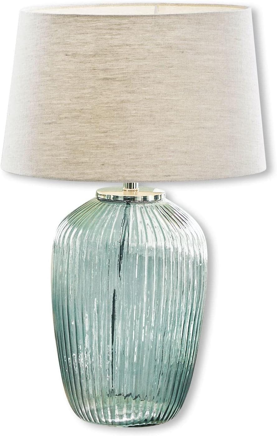 LOBERON Tischlampe Fenis, zeitlose Eleganz, großzügige Lichtabgabe, geriffelte Oberfläche, Wohn-Accessoire, stilvoller Material-Mix, Glas, Baumwolle, creme/grün