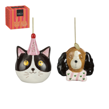 Kersthanger cadeau set hond en kat keramiek